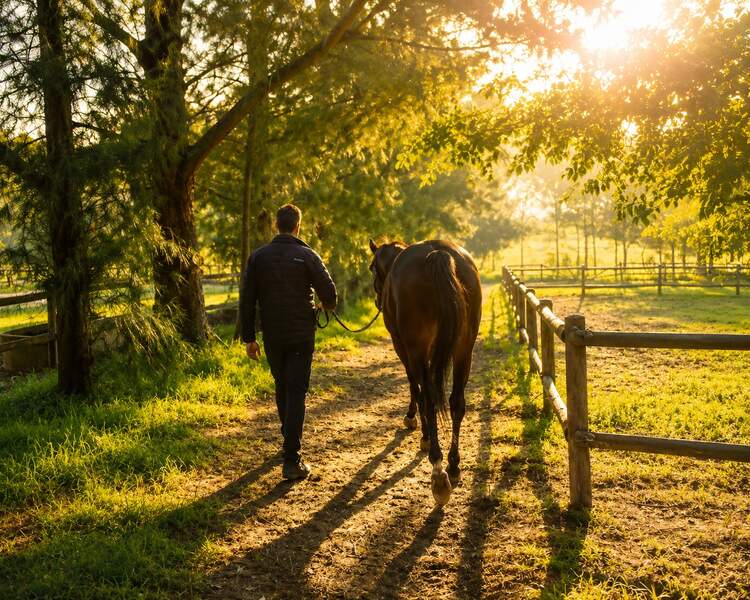 Yard manager with horse at golden hour